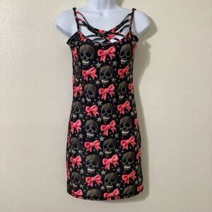 Rebel Raven Rockabilly Goth Emo Scene Halloween Skull Bow Print Mini Dress S